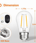 Brighten Up Your Outdoors S14 LED Replacement Bulbs 2W 4 Pack For Outdoor String Lights With E26 Screw Base Waterproof Shatterproof Dimmable Weatherproof Patio Garden Lighting, bulb dimensions shown with E26 base
