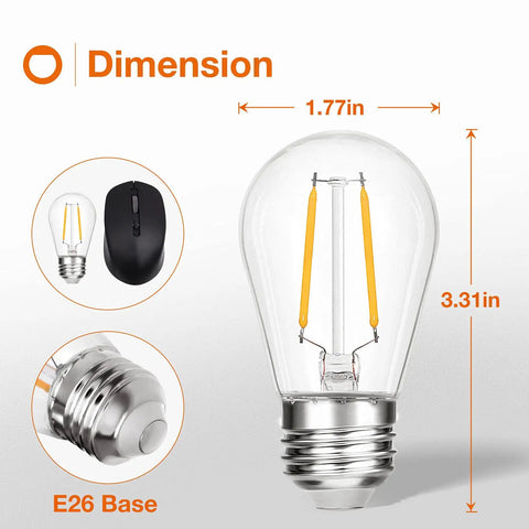 Brighten Up Your Outdoors S14 LED Replacement Bulbs 2W 4 Pack For Outdoor String Lights With E26 Screw Base Waterproof Shatterproof Dimmable Weatherproof Patio Garden Lighting, bulb dimensions shown with E26 base
