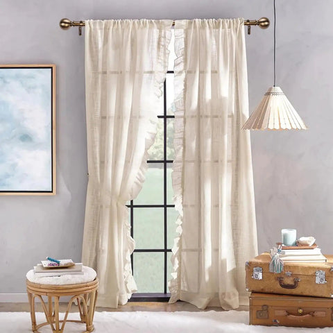 Room with draped curtains on Antique Brass Curtain Rod Set 1 Inch Heavy Duty Adjustable Drapery Rods 18 To 88 Inches Built To Last
