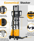 Heavy Duty Semi Electric Pallet Stacker With Straddle Legs And Adjustable Forks, featuring ergonomic design and economical dial.