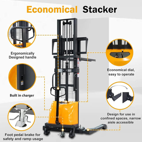 Heavy Duty Semi Electric Pallet Stacker With Straddle Legs And Adjustable Forks, featuring ergonomic design and economical dial.