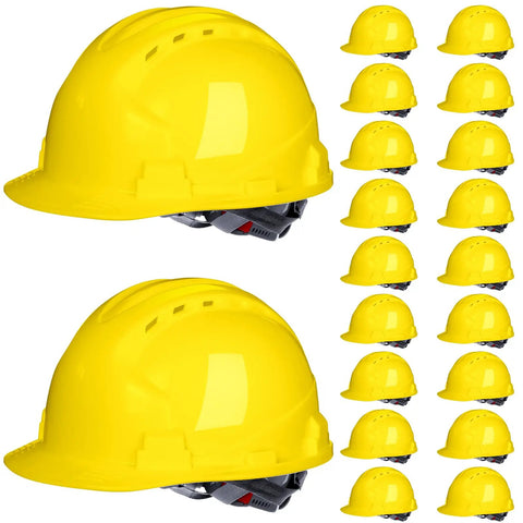 20 Pack 4 Point Suspension Hard Hats Bulk Safety Helmets ABS Ratchet Adjustable Construction Gear With Ventilation And Cotton Brow Pad Yellow Ideal For Construction Sites Roofing Manufacturing And General Industry