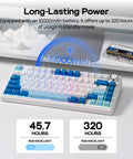 Top Shelf 75 Percent Wireless Gaming Keyboard Built Different With Massive 10000 Mah Battery showing RGB lighting and battery life info.
