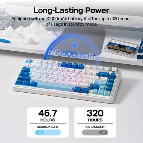 Top Shelf 75 Percent Wireless Gaming Keyboard Built Different With Massive 10000 Mah Battery showing RGB lighting and battery life info.
