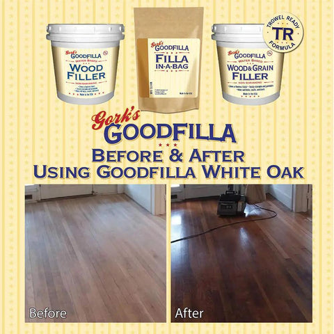 Pro Grade Wood And Grain Filler Powder That Tints Easily To Match Any Finish Flawlessly Sanding Smooth With Zero Sink Or Crack Issues For Total No Sweat DIY Perfection And A Killer Final Look In A Four Ounce Bag. Before and after floor improvement.