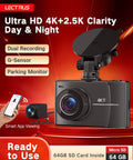 4K Front And 2.5K Rear Dash Cam with Free 64GB Card, dual recording, G-sensor, parking monitor, smart app viewing.