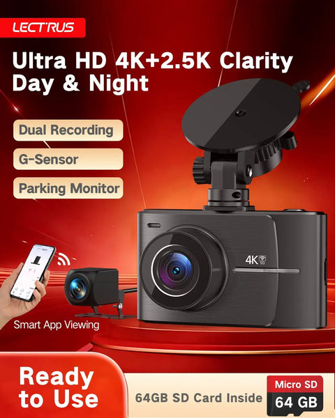 4K Front And 2.5K Rear Dash Cam with Free 64GB Card, dual recording, G-sensor, parking monitor, smart app viewing.