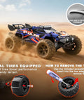 All Terrain 1 To 14 Scale RC Truck With 4WD For Off Road Fun showing dual tire setup and tire removal guide on sandy terrain
