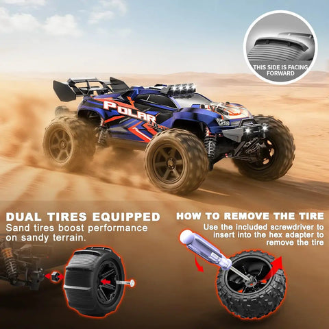 All Terrain 1 To 14 Scale RC Truck With 4WD For Off Road Fun showing dual tire setup and tire removal guide on sandy terrain