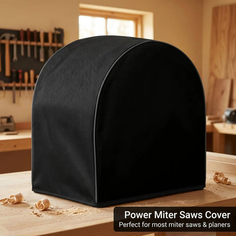 Heavy Duty 600D Oxford Black Miter Saw Cover For Woodworking Bench Tools Up To 28 By 24 By 28 Inches on workbench.
