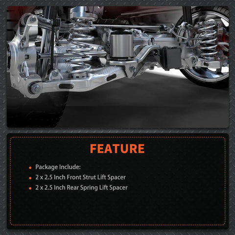 Metal suspension system with 2.5 Inch Front And Rear Leveling Lift Spacer Kit For Nissan Pathfinder 1996 2004 And Infiniti QX4 1997 2003 Aluminum Construction Anti Corrosion Finish Increases Ground Clearance For Bigger Rims And Tires visible.