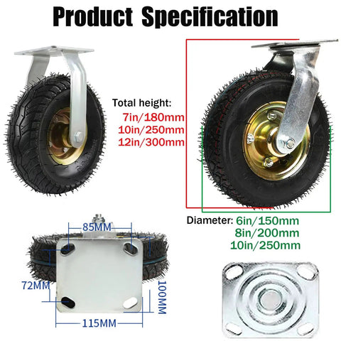 Heavy Duty Swivel Caster Wheels With Natural Rubber Pneumatic Tires For 6 8 And 10 Inch Sizes product specifications and dimensions.