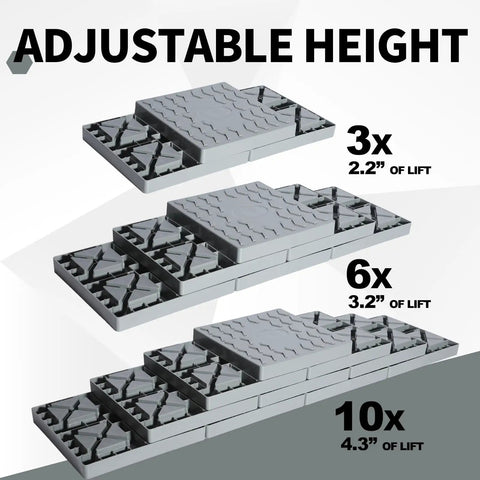 Rock Solid Interlocking RV Leveling Blocks 12 Pack Adjustable Stackable Wheel Supports For Campers Travel Trailers Fifth Wheel No Sweat Setup Top Shelf Grey showing height adjustments with stacked blocks.