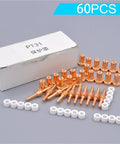 Grab Your 60-Piece Plasma Cutter Consumable Kit With PT31 Ceramic Nozzles For LG40 Torch showing copper nozzles and ceramic insulators.