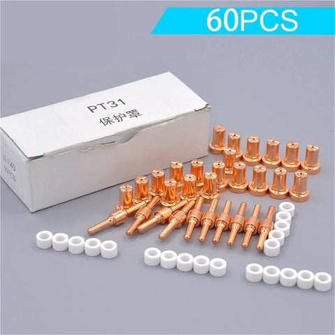 Grab Your 60-Piece Plasma Cutter Consumable Kit With PT31 Ceramic Nozzles For LG40 Torch showing copper nozzles and ceramic insulators.