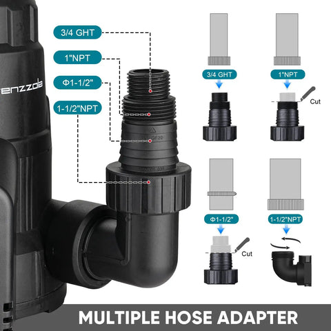 Diagram showing multiple hose adapter for Automatic Submersible Sump Pump One Third HP 2400 GPH Portable Water Removal Transfer Pump.