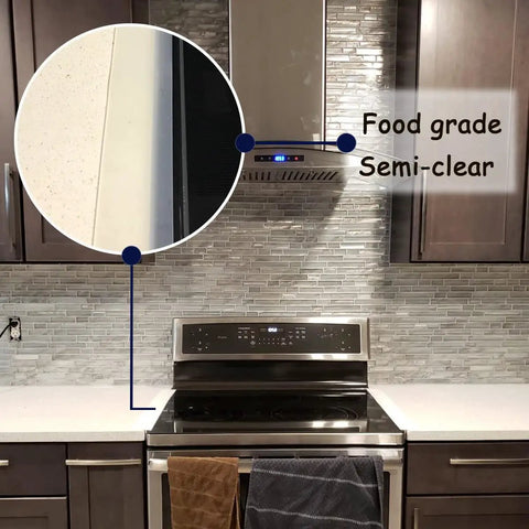 Two Pack 21 To 25 Inch Silicone Stove Gap Covers Flexible Food Grade Gap Filler For Kitchen Counter And Stovetop Semi Clear BPA Free Easy To Trim To Fit Keeps Crumbs And Spills From Falling Between Stove And Counter installed between stove and countertop.