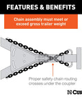 Diagram showing the 48 Inch Trailer Safety Chain With Three Eighths Inch S Hooks in proper use to connect trailer to vehicle.
