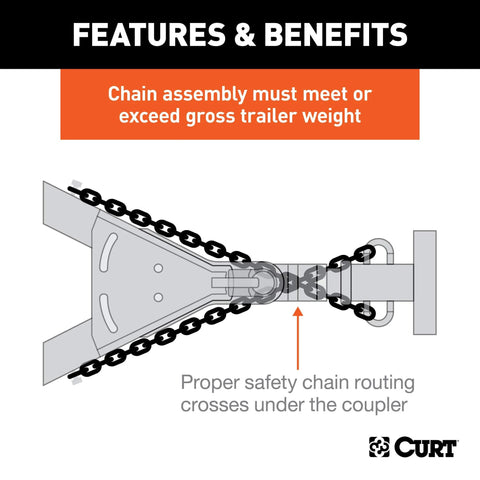 Diagram showing the 48 Inch Trailer Safety Chain With Three Eighths Inch S Hooks in proper use to connect trailer to vehicle.