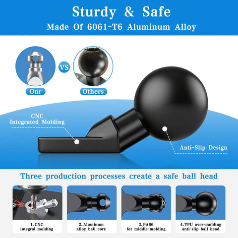 Sturdy aluminum alloy angled bolt head ball base for universal 1-inch socket arm, showcasing CNC integrated molding and anti-slip design.