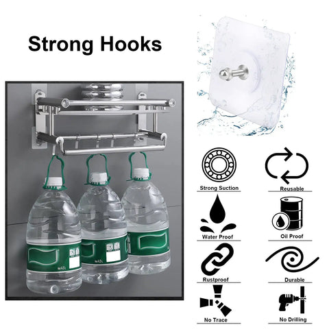 Heavy Duty Adhesive Hooks 2 In 1 No Drill Wall Mount Shelf Hangers holding water bottles, screw free sticker white
