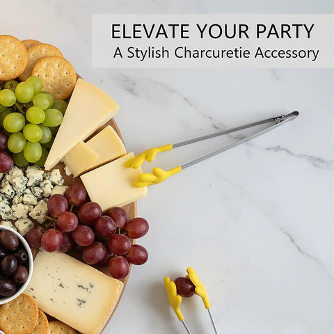 Built Tough Adjustable Cheese Slicer With Sharp Wire Cutter And Super Clutch Mini Silicone Tongs for charcuterie tray with cheese and grapes.
