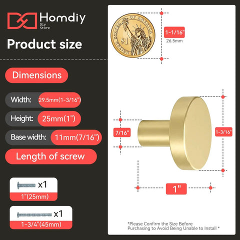 Gold Round Cabinet Knobs 25 Pack Aluminum Alloy Handles dimensions and installation info