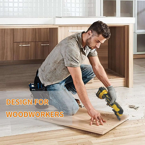 Oscillating multitool side view with yellow and black housing cutting a wooden panel.