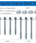 12 Piece M10-1.5 Engine Stand Bolt Kit For Gm Ls Motors Garage Tough Flange Mounting Hardware Muscle Car Swap Shop Ready Boss Grade Racing Bolts, includes 4 M10 washers.