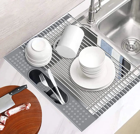 33 By 22 By 9 Inch Top Mount Or Drop In Stainless Steel Single Bowl Kitchen Sink With Strainer And Dish Rack 18 Gauge T304 Dent Resistant Rust Proof Pro Grade Build For Busy Home Chefs showcasing drying rack with dishes.
