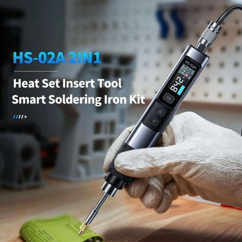 Person using Go-To 2 In 1 Heat Set Insert Tool And Soldering Iron Kit 100W for electronics repair, inserting brass into plastic.