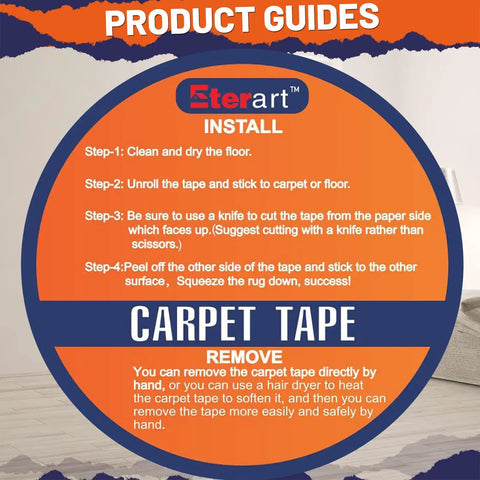 Installation and removal guide for heavy duty tough double sided carpet tape fiberglass reinforced residue free rug tape.