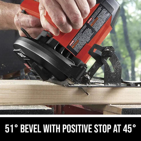 Heavy Hitter 13 Amp 7 1/4 Inch Corded Circular Saw In Bright Red cutting wood at a 45-degree bevel with ergonomic handle.