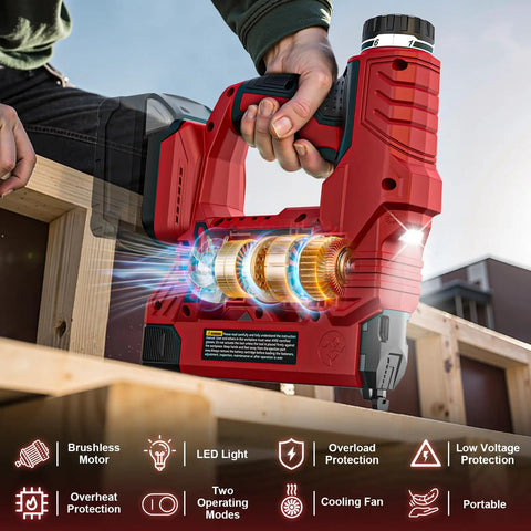 Straight Shooter Cordless Brad Nailer And Staple Gun Pack Includes Two Thousand Nails For Fast Carpentry And Diy Fixes A No Sweat Power Tool shown in use with LED light and brushless motor.