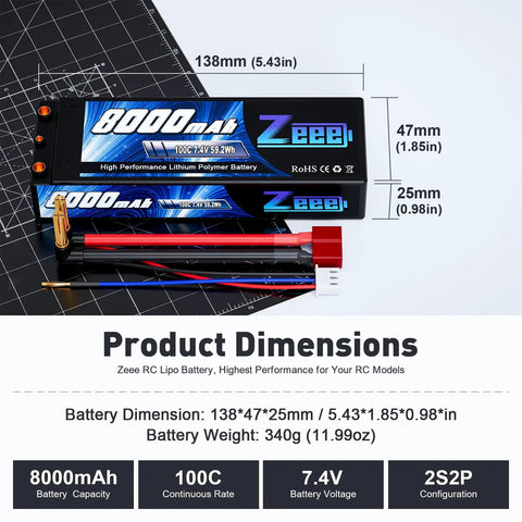 2S 8000mAh LiPo Battery 7.4V 100C Hard Case With 4mm Bullet T Plug dimensions and features for RC car