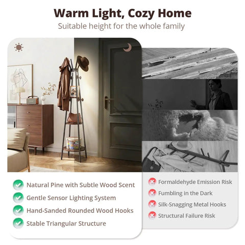 Freestanding Coat Rack With 3 Shelves And 12 Hooks, Motion Sensor Light for cozy entryway with black metal and wood design.