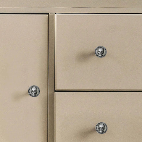 Six Pack Vintage Skull Cabinet Knobs Set With Zinc Alloy Single Hole Drawer Pulls on beige cabinet