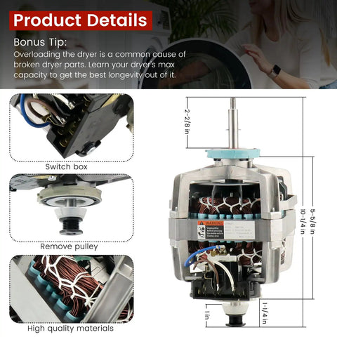 Dryer Drive Motor With Pulley Upgrade For Maytag KitchenAid Whirlpool Kenmore Dryers, detailed dimensions shown