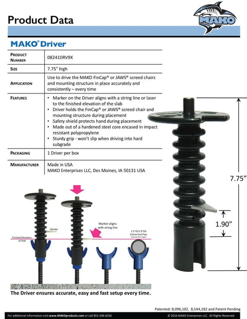 Concrete Screed Chair Starter Kit With 50 FinCap Screed Chairs And Driver Tool For No Fuss One Person Setup On Slab On Grade Construction Made In USA Ready To Use showcasing MAKO Driver tool with dimensions and features listed, ideal for slab-on-grade setup.