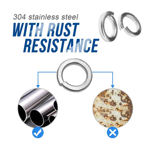Rock Solid Stainless Steel Split Lock Washers Heavy Duty Elastic Spring Gaskets Hella Tight Bolt Fastening Hardware Quick Metric Assembly Kit For M2 To M30 Fit showcasing rust-resistant 304 stainless steel design.