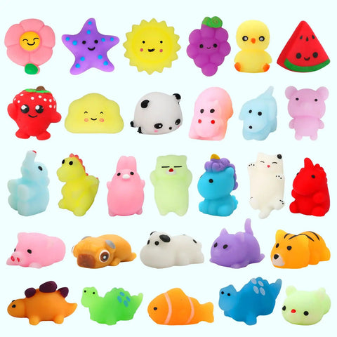 30 Pack Totally Rad Squishy Toys Mini Kawaii Mochi Squeeze Buddies random critters soft sensory fidgets for kids fun shapes and colors