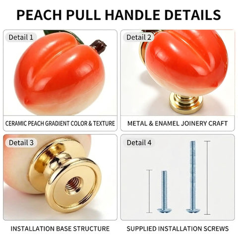 Adorable 3D Peach Cabinet Knobs And Drawer Pulls For A Fresh Playful Home Vibe showing ceramic peach handle details, gold metal base.