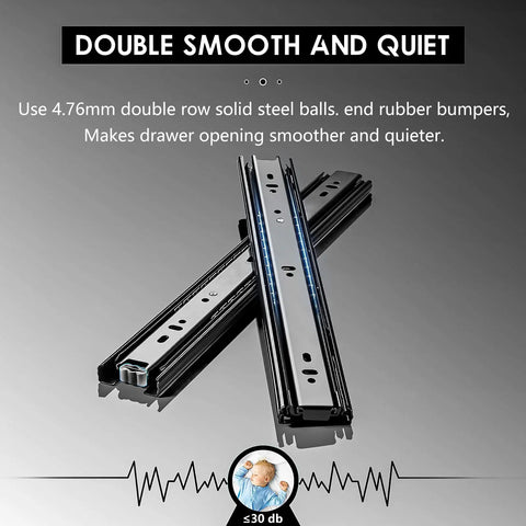 Full Extension Drawer Slides Pair 8 To 24 Inch, 100 LB Load Capacity, Beefy Side Mount Ball Bearing Metal Dresser Runners Black