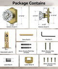 Image showing package contents of 3 Pack Crystal Glass Door Knobs with Antique Brass Finish, including knobs, latches, screws, and tools.