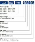 Compact M100 Series Variable Frequency Drive VFD specifications diagram including motor capacity and input voltage.