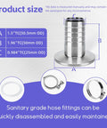 Two-pack stainless steel tri-clamp to 1-inch barb sanitary hose fittings with silicone gaskets and hose clamps (front view)