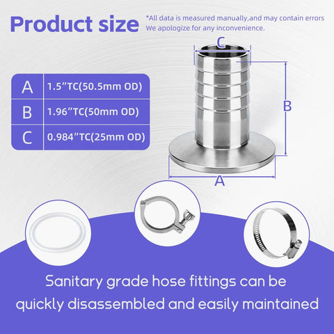 Two-pack stainless steel tri-clamp to 1-inch barb sanitary hose fittings with silicone gaskets and hose clamps (front view)