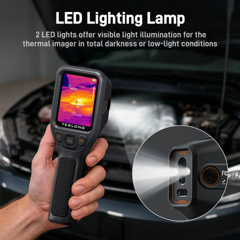 Pro Grade Thermal Imaging Camera With Visual Camera TTM260 showcasing LED lighting feature in a low-light automotive setting