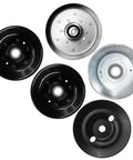 Heavy Duty 42 And 48 Inch Deck Drive Pulleys Fit John Deere X330 X350 X354 X370 Mowers With Tensioner Kit, showing black and silver pulleys.