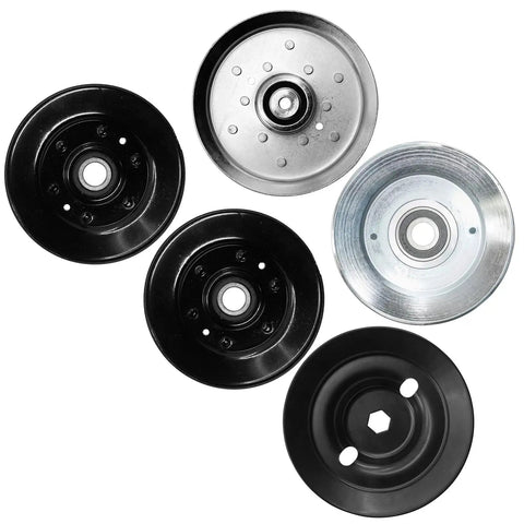 Heavy Duty 42 And 48 Inch Deck Drive Pulleys Fit John Deere X330 X350 X354 X370 Mowers With Tensioner Kit, showing black and silver pulleys.